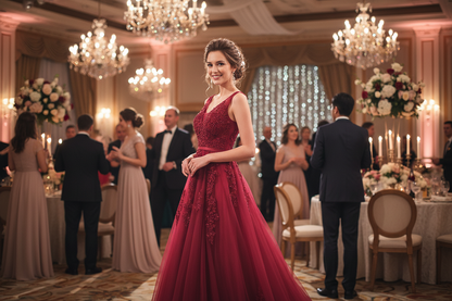 Red sequined long evening dress with sleeveless fitted bodice and flared skirt