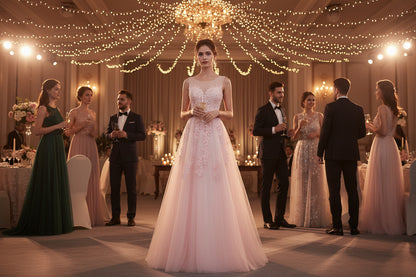 White lace long evening dress with sleeveless bodice and full tulle skirt