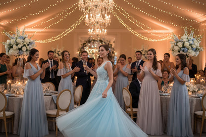 Light blue lace long evening dress with cap sleeves and flowing skirt