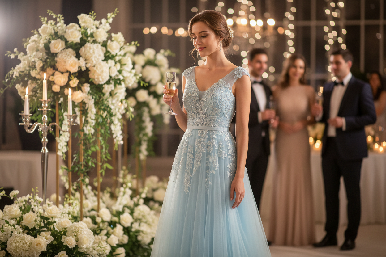 Light blue lace long evening dress with V-back detail and flowing skirt