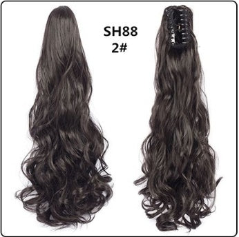 Claw clip ponytail hair extension in dark taupe, long wavy strands