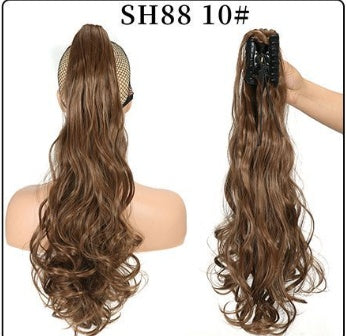 Claw clip ponytail hair extension in medium brown, long wavy strands with clip