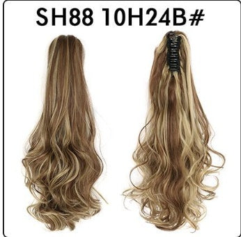 Long wavy ash-blonde claw-clip ponytail hair extension with black clip, two angles