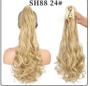 Claw clip ponytail extension with long wavy honey-blonde hair, mesh base and clip