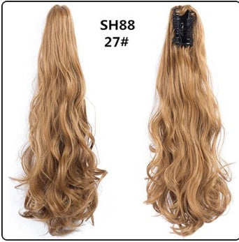 Claw clip ponytail extension with long wavy light brown hair, mesh base and clip