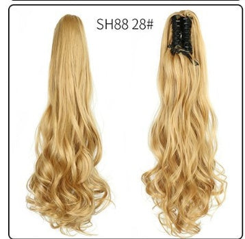Claw clip ponytail extension with long wavy golden-blonde hair, mesh base and clip