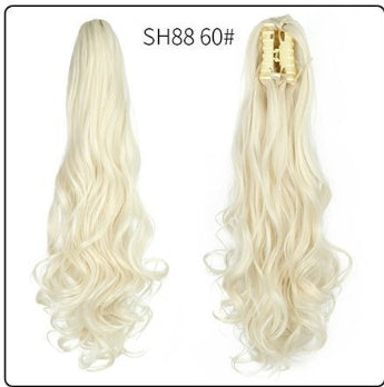 Claw clip ponytail extension with long wavy white-blonde hair, mesh base and clip