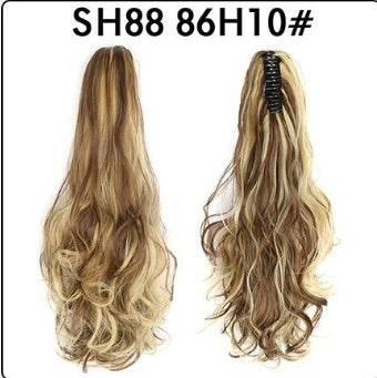 Long wavy blonde claw-clip ponytail hair extension with black clip, two views