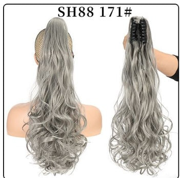 Claw clip ponytail extension with long wavy silver-gray hair, mesh base and clip