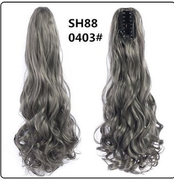 Claw clip ponytail extension with long wavy gray hair, mesh base and clip