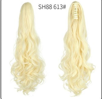 Natural-looking blonde wavy ponytail hair extension with beige claw clip