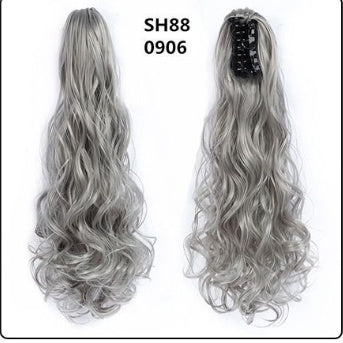 Natural-looking gray wavy ponytail hair extension with black claw clip