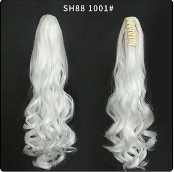 Natural-looking white wavy ponytail hair extension with gold claw clip