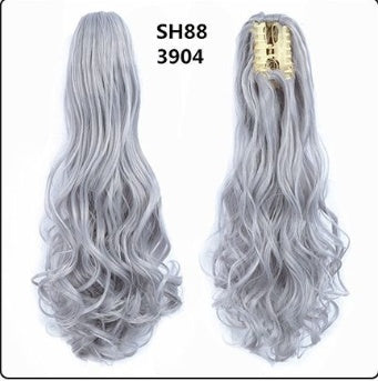 Natural-looking light gray wavy ponytail hair extension with silver claw clip