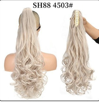 Natural-looking platinum blonde curly ponytail hair extension with beige claw clip