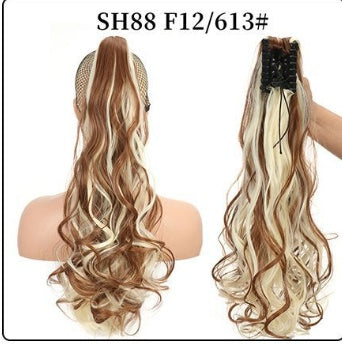Claw clip ponytail hair extension with long loose curls, brown with blonde highlights.