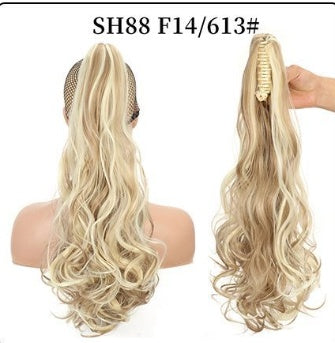 Claw clip ponytail hair extension with long wavy curls, platinum blonde hair.