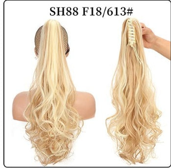 Natural-looking pale blonde wavy ponytail hair extension with gold claw clip