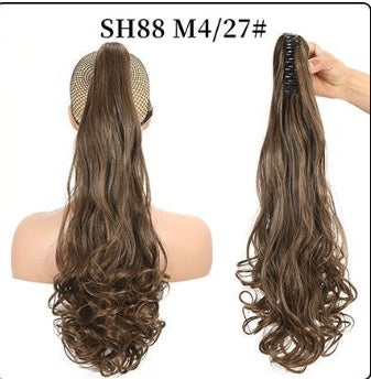 Claw clip ponytail hair extension with long curly waves, dark espresso brown hair.