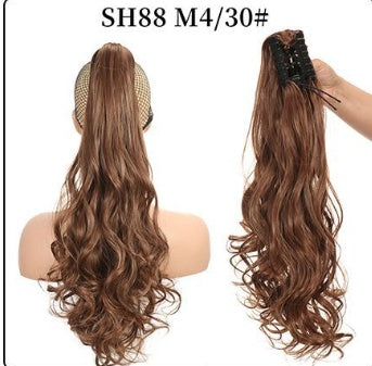 Claw clip ponytail hair extension with long curly waves, dark brown hair.