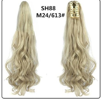 Long wavy light-blonde claw-clip ponytail hair extension with golden clip, front view