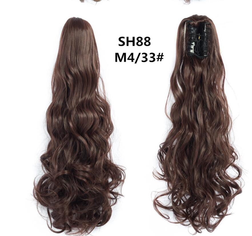 Claw clip ponytail hair extension with long wavy curls, dark brown hair.