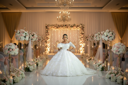White princess wedding dress with sparkling lace bodice and layered full skirt