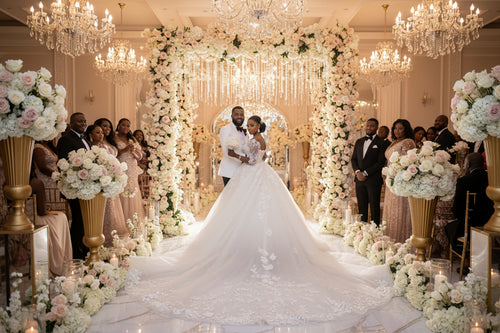 White princess wedding dress with lace appliqué off-shoulder bodice and long full skirt