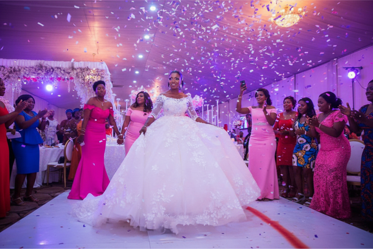 White princess wedding dress with lace bodice, full skirt, and sweeping train