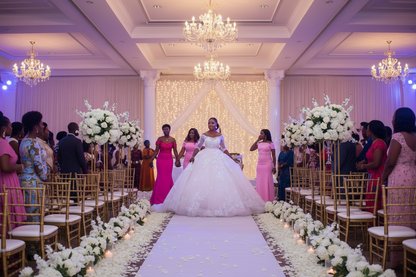 White princess wedding dress with fitted waist, lace bodice, and A-line full skirt