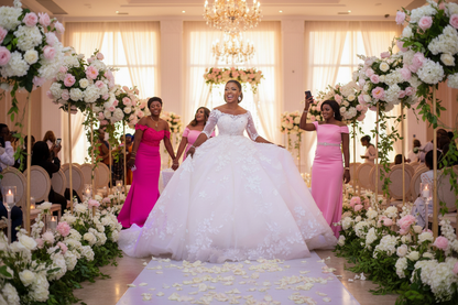 White princess wedding dress with embellished bodice, tulle skirt, and flowing train