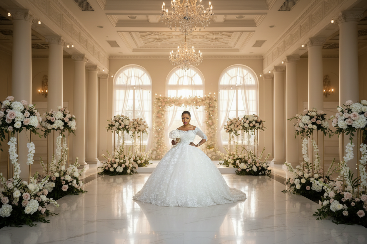 White princess wedding dress with lace top and voluminous A-line skirt