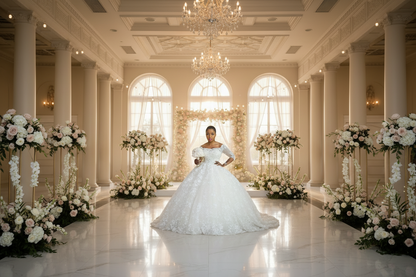 White princess wedding dress with lace top and voluminous A-line skirt