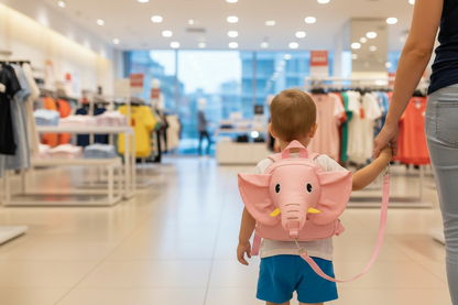 Plush elephant anti-lost backpack in pink with matching leash