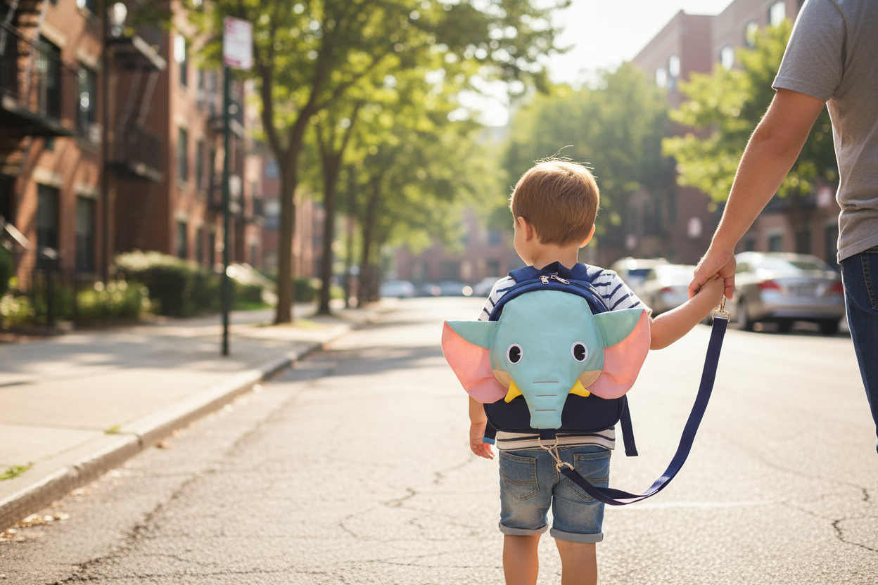 Plush elephant anti-lost backpack with dark blue body and navy leash