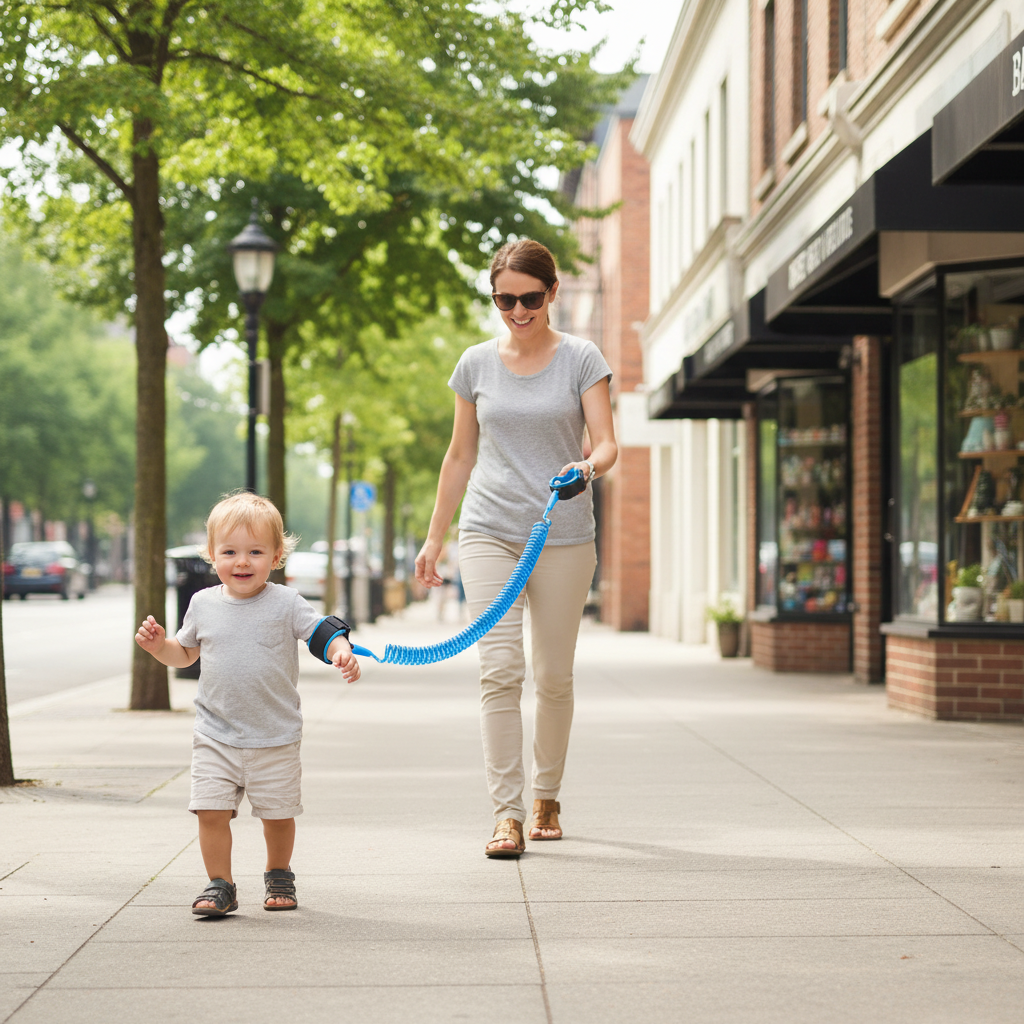 Anti-lost blue rope leash with wrist strap attachment