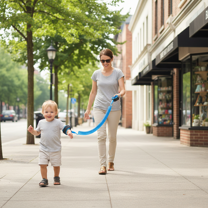 Anti-lost blue rope leash with wrist strap attachment