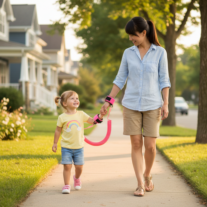 Anti-lost pink rope leash with wrist strap attachment