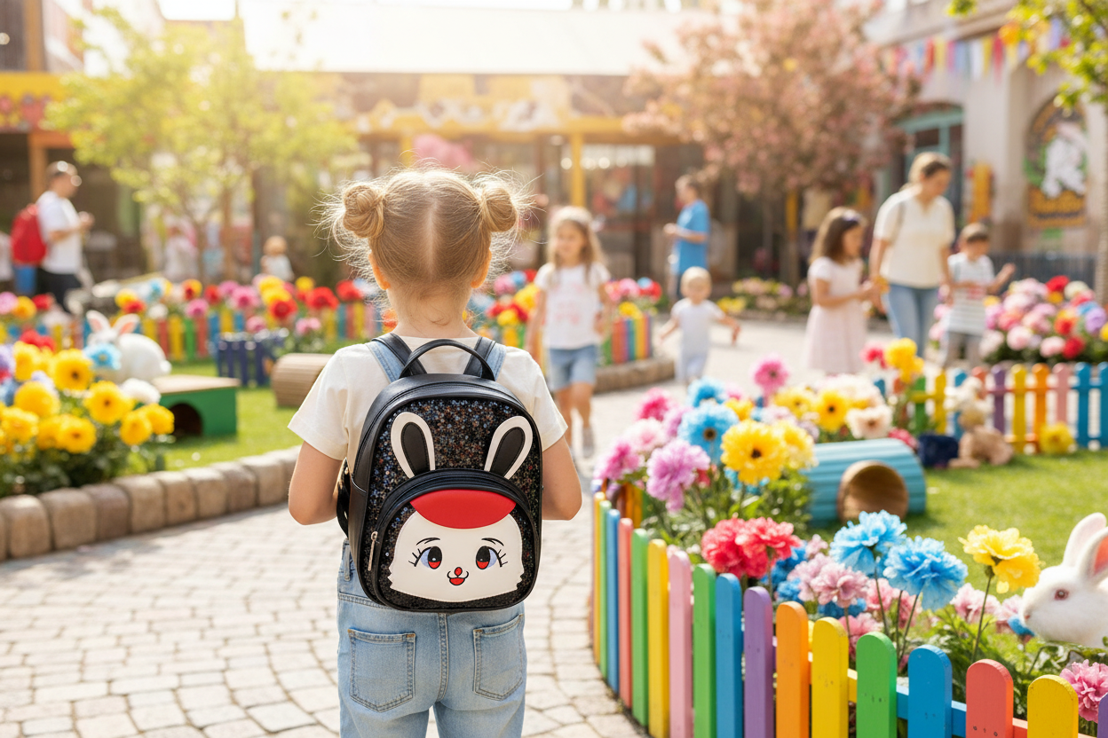 Black girl backpack with bunny face patch and heart-pattern trim