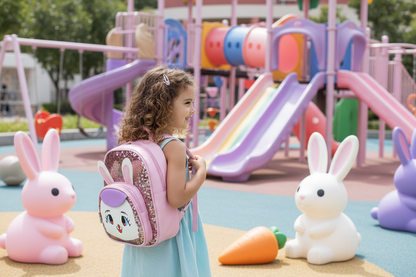 Pink girl backpack with white bunny applique and front pocket