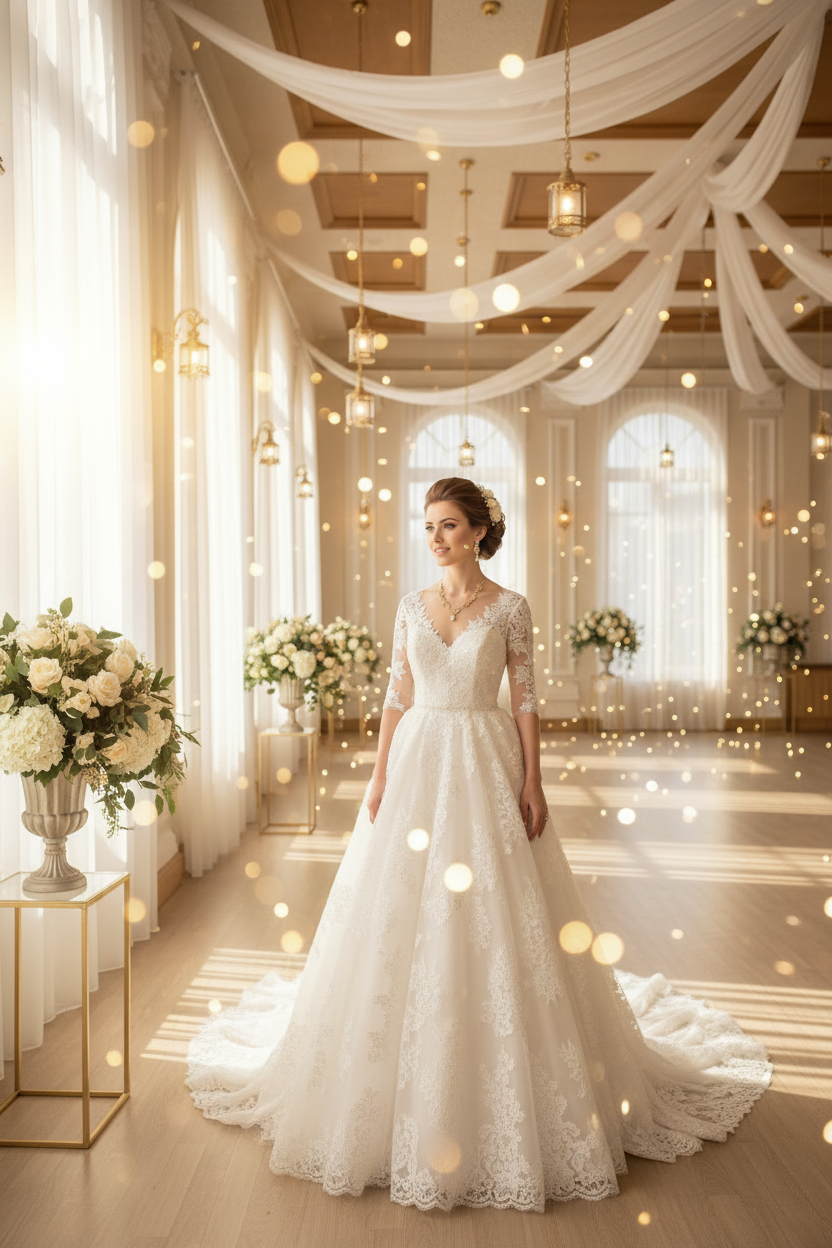 Gold zircon bridal necklace and drop earrings on model in lace wedding gown