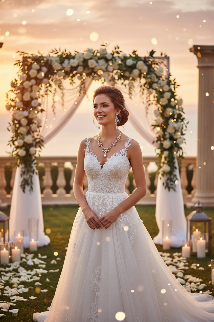 Gold zircon bridal necklace and drop earrings, worn with lace sleeveless wedding gown