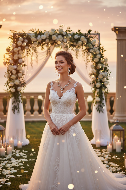 Gold zircon bridal necklace and drop earrings, worn with lace sleeveless wedding gown