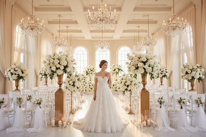 Gold zircon bridal necklace and earrings, visible on backless lace wedding dress