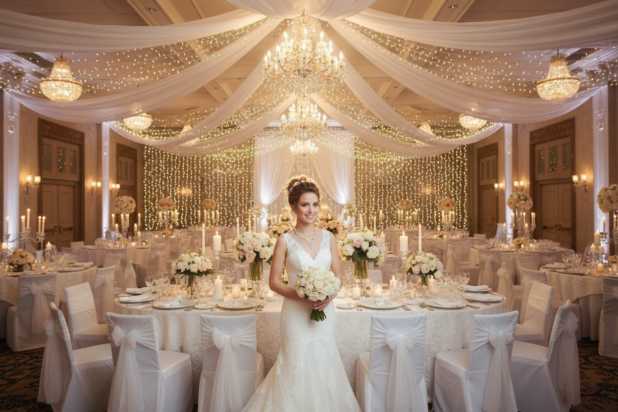 Gold zircon bridal necklace and earrings, worn with sleeveless lace wedding dress