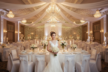 Gold zircon bridal necklace and earrings, worn with sleeveless lace wedding dress