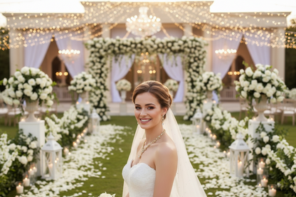Gold zircon bridal necklace and drop earrings with long pendant, profile view