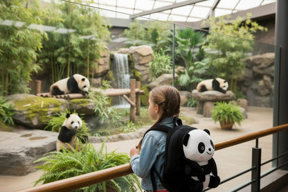 Black plush panda children’s school bag backpack with cartoon panda face and ears.