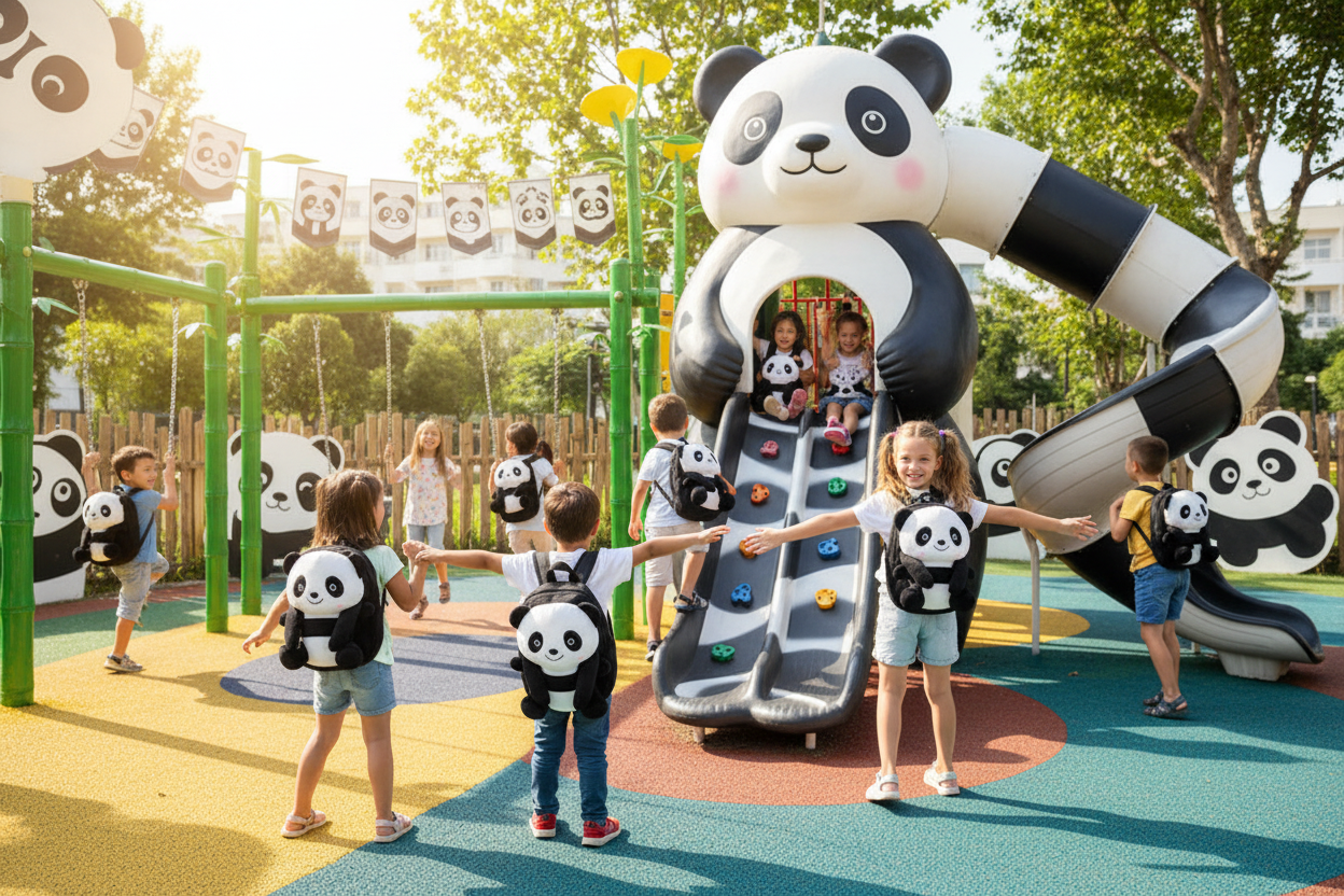 Plush panda children's backpack with black-and-white face and green accents