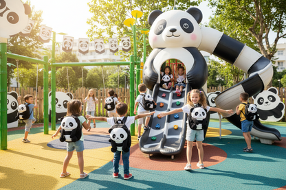 Plush panda children's backpack with black-and-white face and green accents